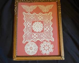 Framed Vintage Lace and Doily Display with Butterflies