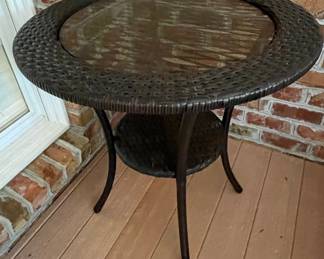 Resin Wicker Accent Table with Glass Top and Lower Shelf