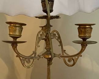 Pair of French Empire Style Candelabra Table Lamps with Enamel Plaques