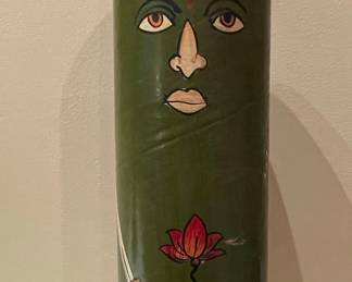 Hand-Painted Indian Cylindrical Storage Vessel with Face Motif