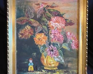 Floral Still Life with Figurine Oil Painting
