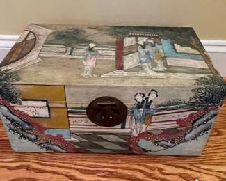 Vintage Chinoiserie Painted Pigskin Leather Storage Trunk