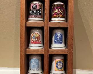 Vintage Advertising Thimble Collection with Wooden Display Case - Coca-Cola, Campbell's, Morton Salt, Ivory, Arm & Hammer, Watkins, Bon Ami, Shakers, Douglass, Simms