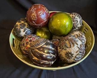 Decorative Ceramic Bowl with Assorted Decorative Spheres, including Cloisonné and Papier-mâché