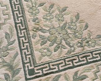 Shahrah Ivory and Green Indian Wool Area Rug with Greek Key Border
