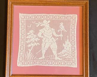 Vintage Framed Filet Lace Textile Art - Hunter and Bird Motif