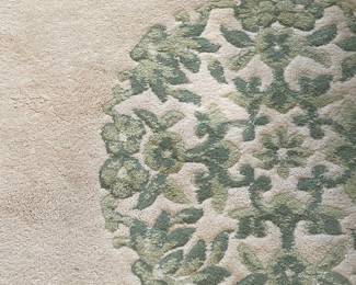 Shahrah Ivory and Green Indian Wool Area Rug with Greek Key Border