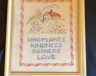 Vintage Folk Art Cross-Stitch Sampler "Who Plants Kindness Gathers Love"
