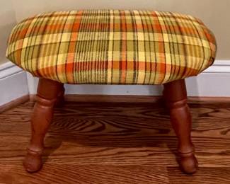 Mid-Century Modern Plaid Upholstered Footstool with Turned Wooden Legs