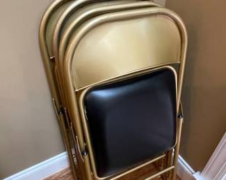 Vintage Gold Metal Folding Chairs with Black Padded Seats - Set of 4