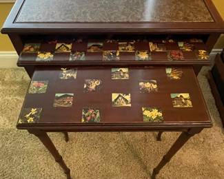 Vintage Nesting Tables with Decoupage and Burl Wood Tops