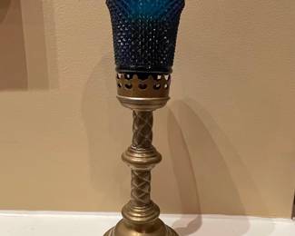 Vintage Brass Candlestick Holder with Cobalt Blue Hobnail Glass Votive Cup