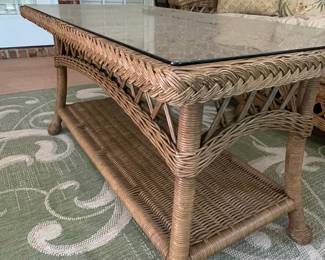 Vintage Henry Link Style Wicker and Glass Top Coffee Table