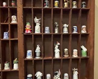 Vintage Printer's Tray with Large Thimble and Miniature Collection