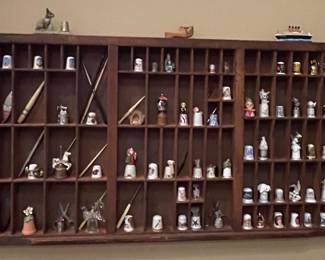 Vintage Printer's Tray with Large Thimble and Miniature Collection