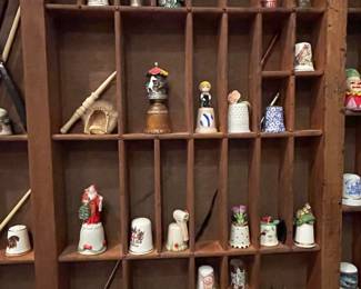Vintage Printer's Tray with Large Thimble and Miniature Collection