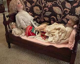 Antique Miniature Doll Bed with Bisque Head Dolls and Accessories
