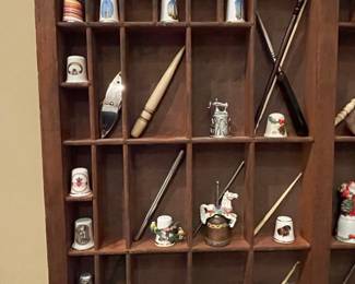 Vintage Printer's Tray with Large Thimble and Miniature Collection