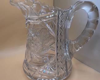 American Brilliant Period Cut Glass Pitcher with Pinwheel and Hobstar Patterns