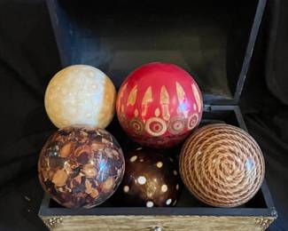 Set of Five Decorative Spheres in Wooden Box