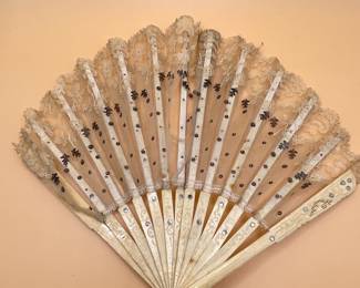 Antique Lace and Carved Bone Folding Fan with Sequins