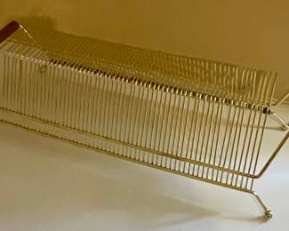 Mid-Century Modern Gold Wire Record Rack with Wood Handles