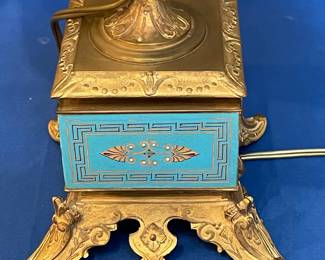 Pair of French Empire Style Candelabra Table Lamps with Enamel Plaques