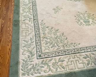 Shahrah Ivory and Green Indian Wool Area Rug with Greek Key Border