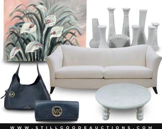 Liberty nickels, garden art,  needlepoint, pet supplies, Betsey Johnson, Madame Alexander dolls, Texaco collectibles, rugs, designer bags, jewelry, furniture, paintings, Nambe, and much more!