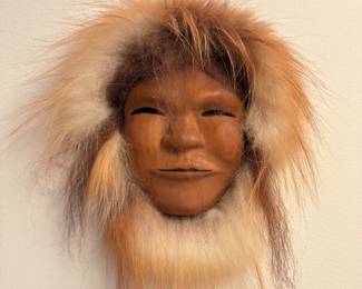 Alaskan Native Hand Carved Wall Mask w/Fur Trim 