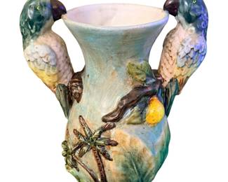 vintage hand-painted ceramic tropical vase by Pacific Rim featuring vibrant 3D parrot handles, raised palm trees, and a lemon branch motif
