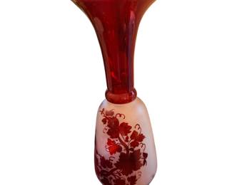 vintage Bohemian ruby red flashed and frosted glass vase featuring an etched floral and grapevine design on the bulbous body.