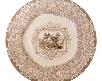  antique Staffordshire transferware plate in the "Gipsy" (or Gypsy) pattern, featuring a purple or mulberry-toned rural camp scene