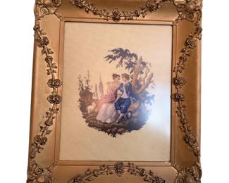 vintage framed courting couple needlepoint, typically designed in a traditional French Rococo or Victorian romantic genre style. 