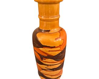 1970s Royal Haeger Earth Wrap Vase featuring a textured, multi-colored lava or agate drip glaze in shades of orange, yellow, and deep brown.