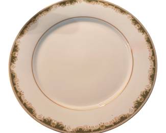 vintage Noritake Warrington fine china dinner plate featuring an elegant olive-green and gold scrolled border
