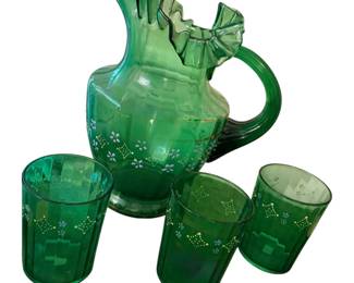 vintage or antique Victorian-style emerald green enameled glass pitcher and matching tumbler set.
