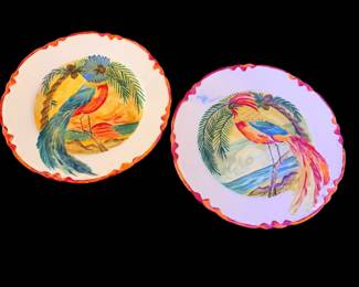 hand-painted ceramic decorative plate featuring a vibrant tropical birds