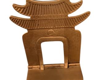 vintage brass temple gate folding bookend featuring an intricate tiered roof and an arched gateway design/pair
