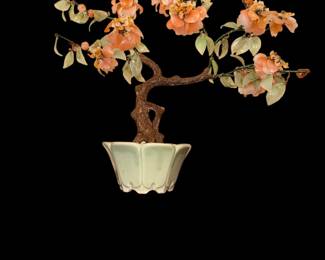Vintage Celadon Bonsai Jade Rose Quartz Glass Flowering Tree Asian Sculpture