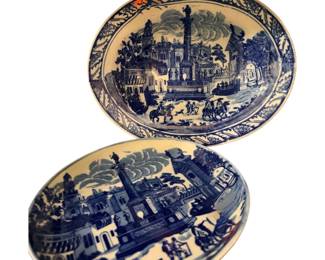 vintage Victoria Ware Ironstone blue and white transferware decorative plate or platter featuring a classic scenic architectural and figural monument design.
