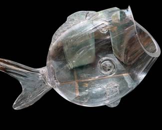 vintage hand-blown clear glass fish vase or terrarium in the mid-century modern Blenko style, featuring a distinctive open-mouth design and a flared tail fin.
