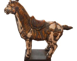 Tang-style decorative horse sculpture featuring a distressed, hand-painted finish with traditional saddle and harness details