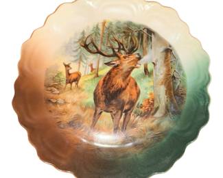 vintage porcelain cabinet or wall plate featuring a hand-painted or transfer deer motif, commonly produced by Bavarian manufacturers like Zeh, Scherzer & Co. (Z. S. & Co.) around the late 19th to early 20th century. It showcases a scalloped rim with an outdoor forest scene depicting a bugling stag and two smaller deer in the background.