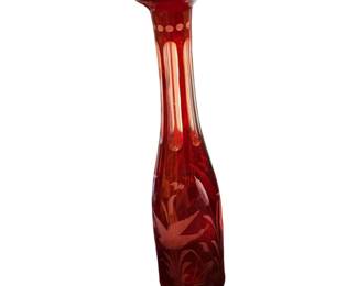 VTG Egermann Bohemian Czech Ruby Red Engraved Cut- to -Clear Decanter ✓