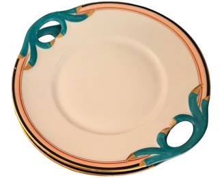 handled serving or cake plate matching the Art Deco-inspired Corona Grove Aqua pattern designed by Kate Spade New York and manufactured by Lenox, featuring distinct teal-blue stylized handles with gold accents and a peach-toned geometric rim.