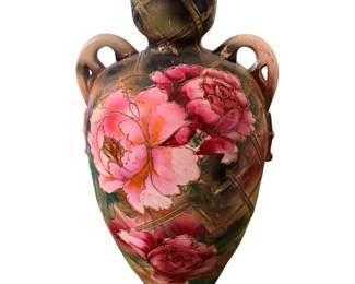 antique or vintage double-handled ceramic vase decorated with hand-painted pink and red floral motifs, possibly in an old Japanese moriage or Nippon art pottery style from the early-to-mid 20th century