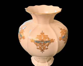 vintage Lenox Catalan Collection Porcelain Vase in ivory featuring ornate 24K gold trim and teal/green scroll medallion accents