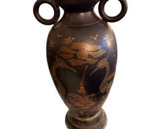 Two-handled amphora-style or bottle vase/Etched or gilt depictions of wading birds (resembling cranes or herons) facing each other, underneath a floral or sunburst pattern with small flying birds above.