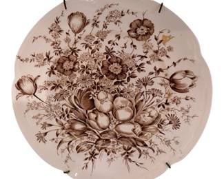vintage Johnson Brothers Windsor Ware 'Dover Brown' scalloped salad plate featuring a detailed brown floral and tulip transferware design.